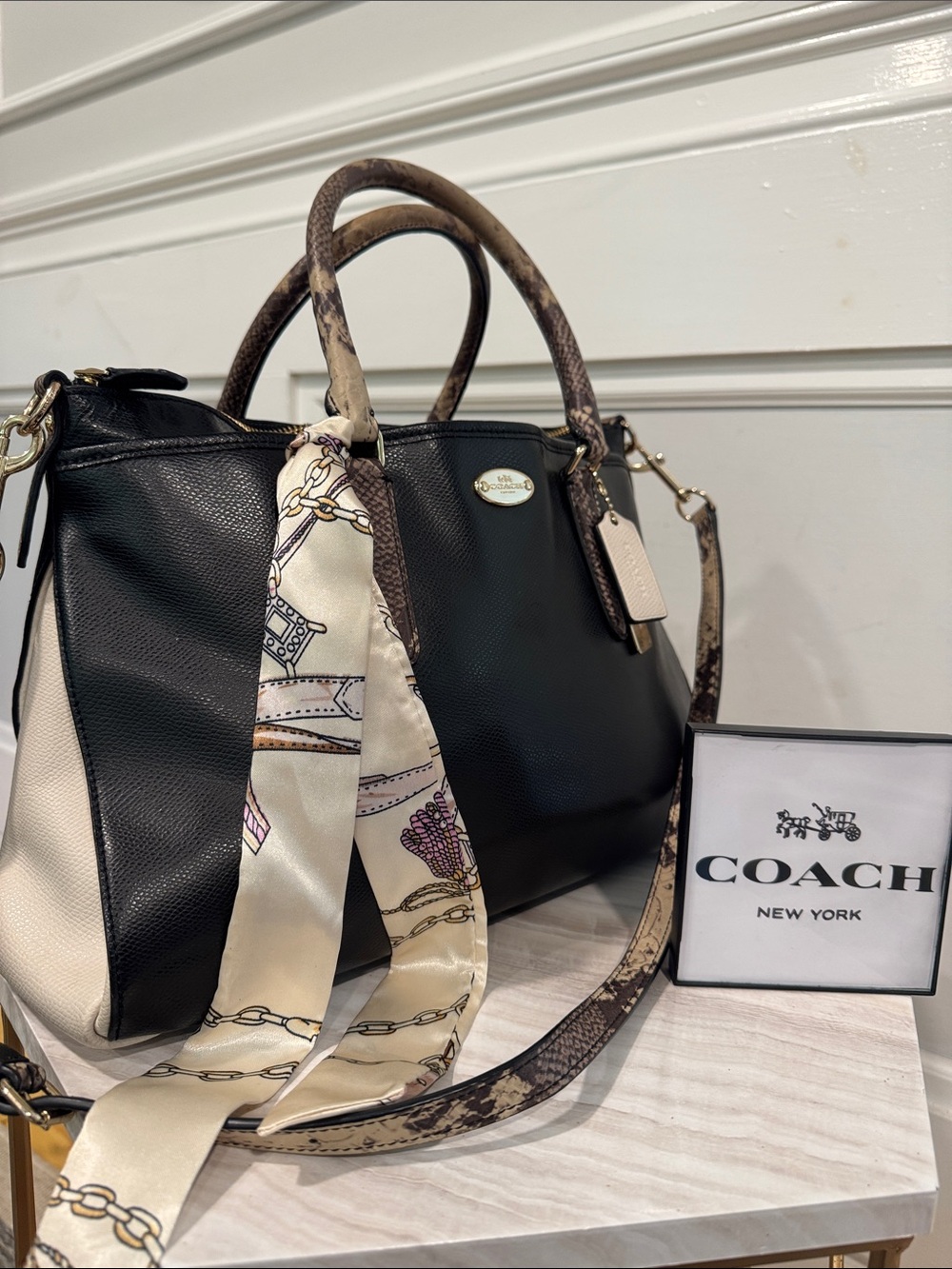 Coach Bag Morgan Black Leather Carryall Satchel with Snake Embossed